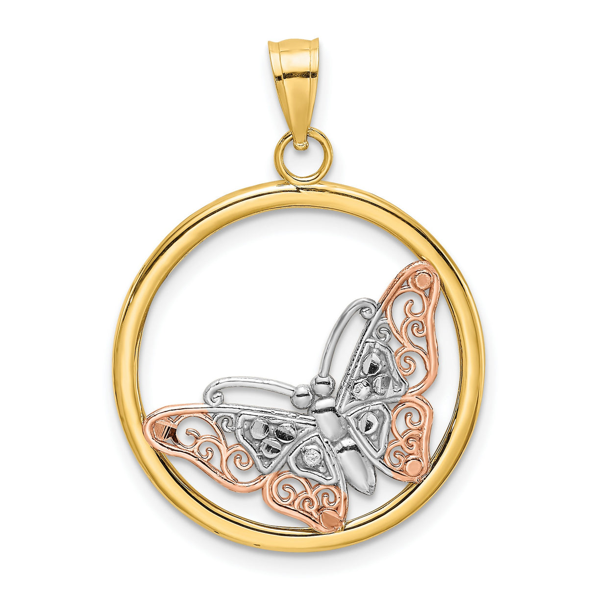 14k Two-Tone Gold Butterfly Pendant with Filigree Detailing in Rose and White Gold