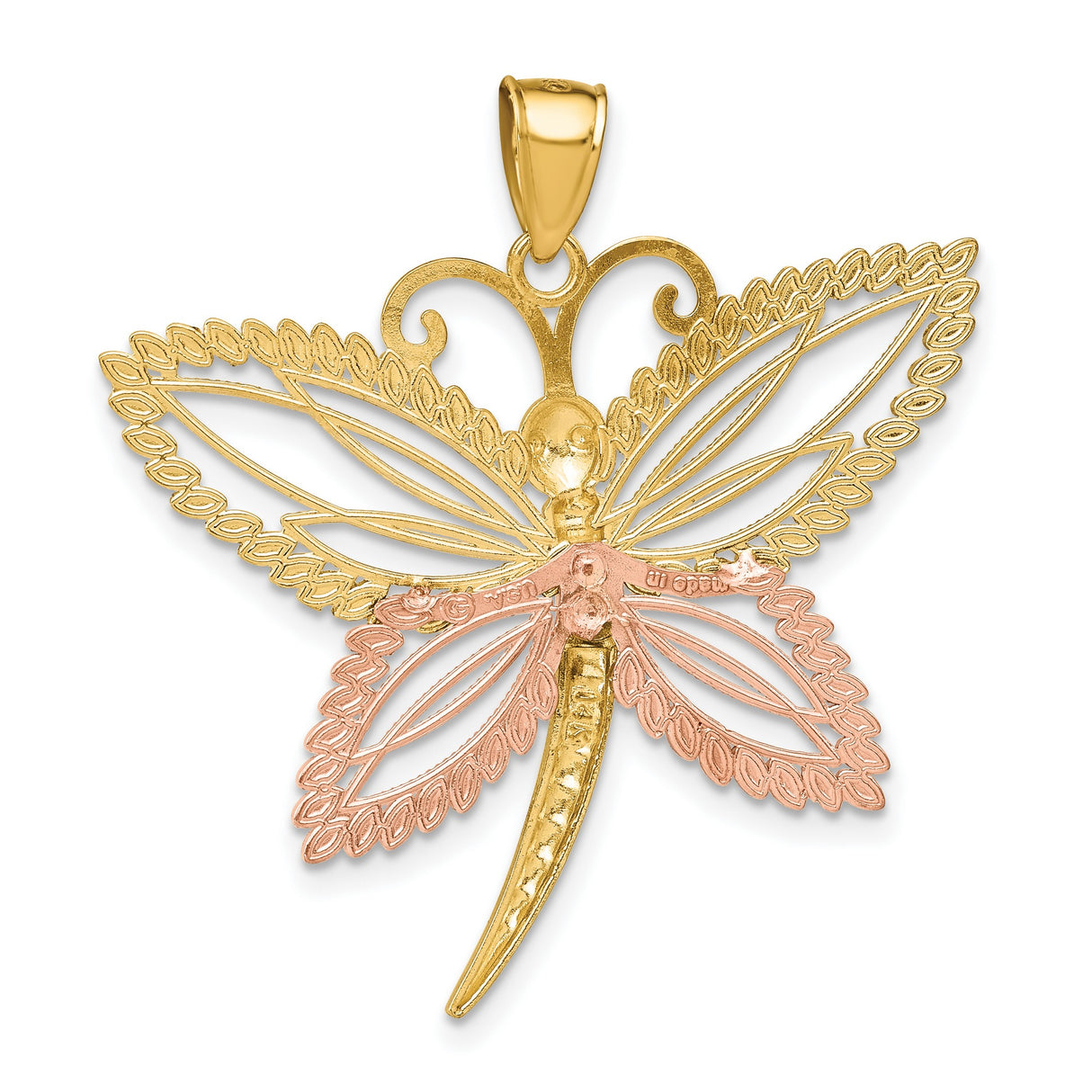 14k Multi-Tone Gold Dragonfly Pendant with Beaded Wing Detail, Tri-Color Nature-Inspired Jewelry