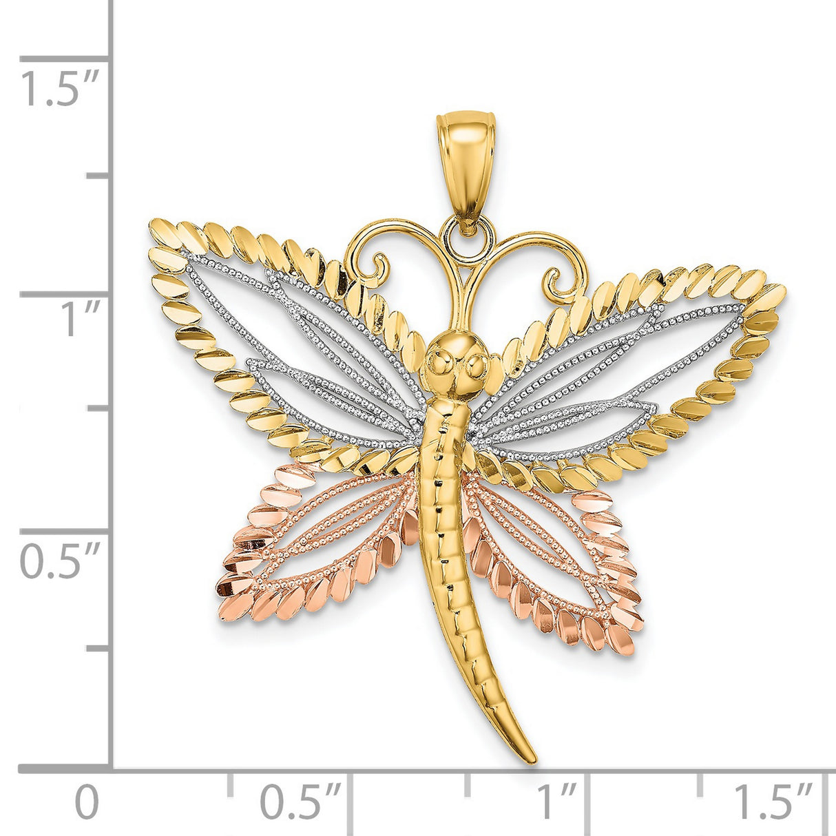 14k Multi-Tone Gold Dragonfly Pendant with Beaded Wing Detail, Tri-Color Nature-Inspired Jewelry