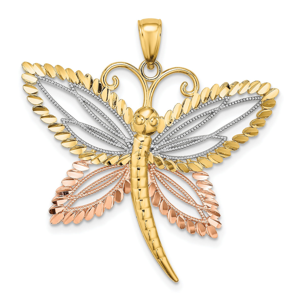 14k Multi-Tone Gold Dragonfly Pendant with Beaded Wing Detail, Tri-Color Nature-Inspired Jewelry