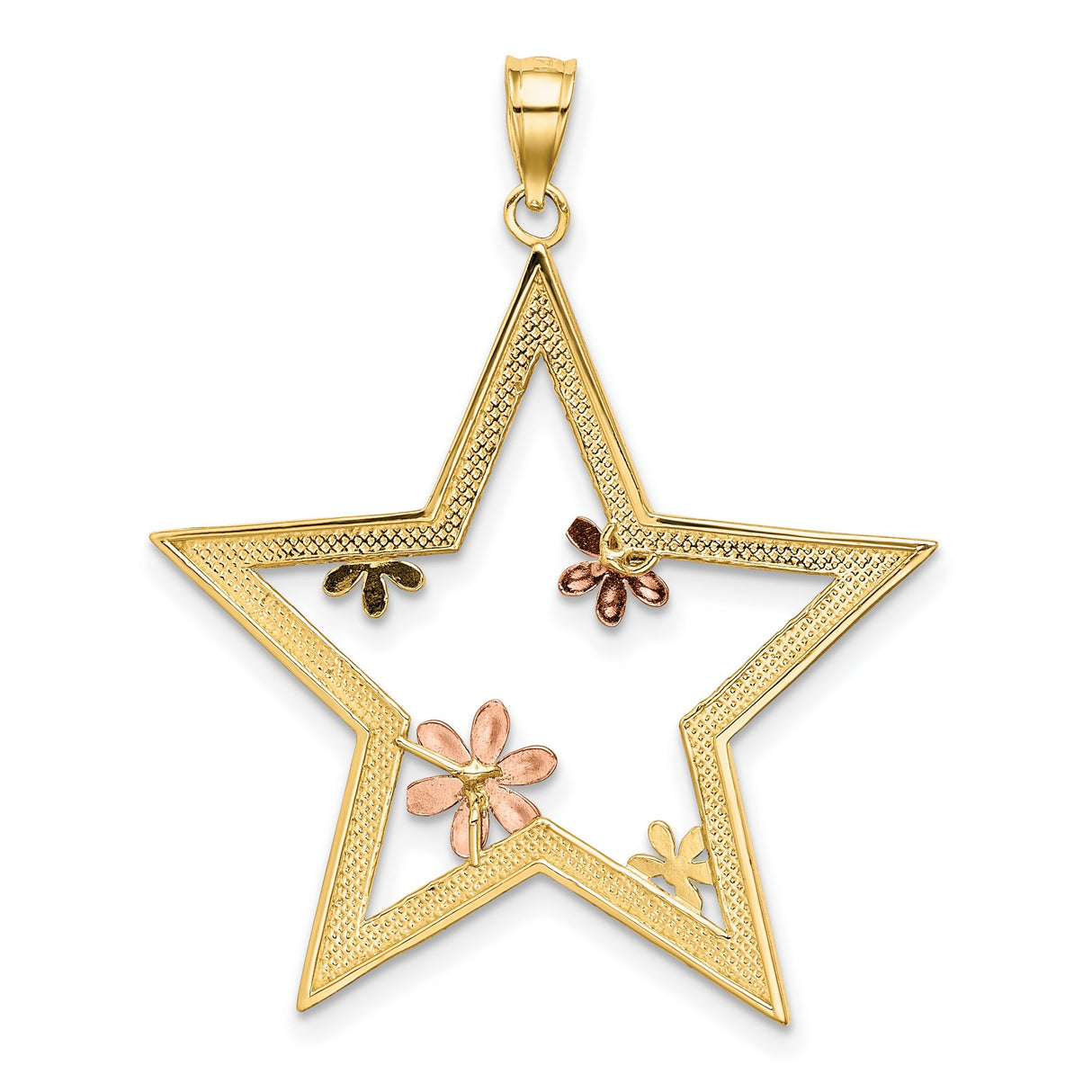 14k Two-Tone Gold Star Pendant with Rose and White Gold Floral Accents, Nature Inspired Charm