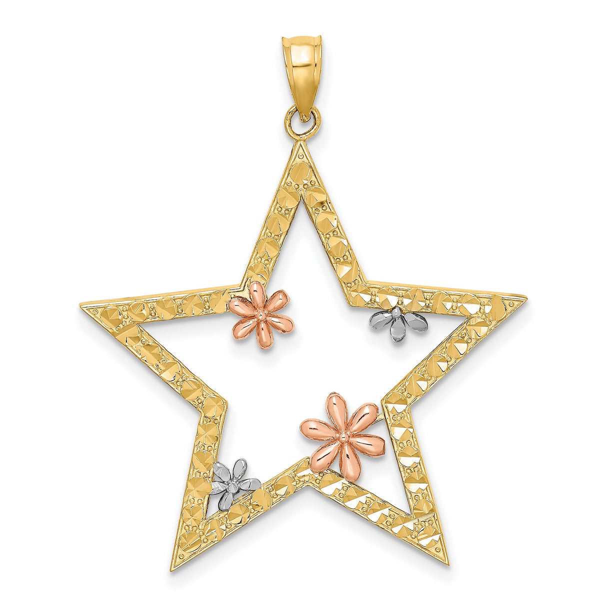 14k Two-Tone Gold Star Pendant with Rose and White Gold Floral Accents, Nature Inspired Charm