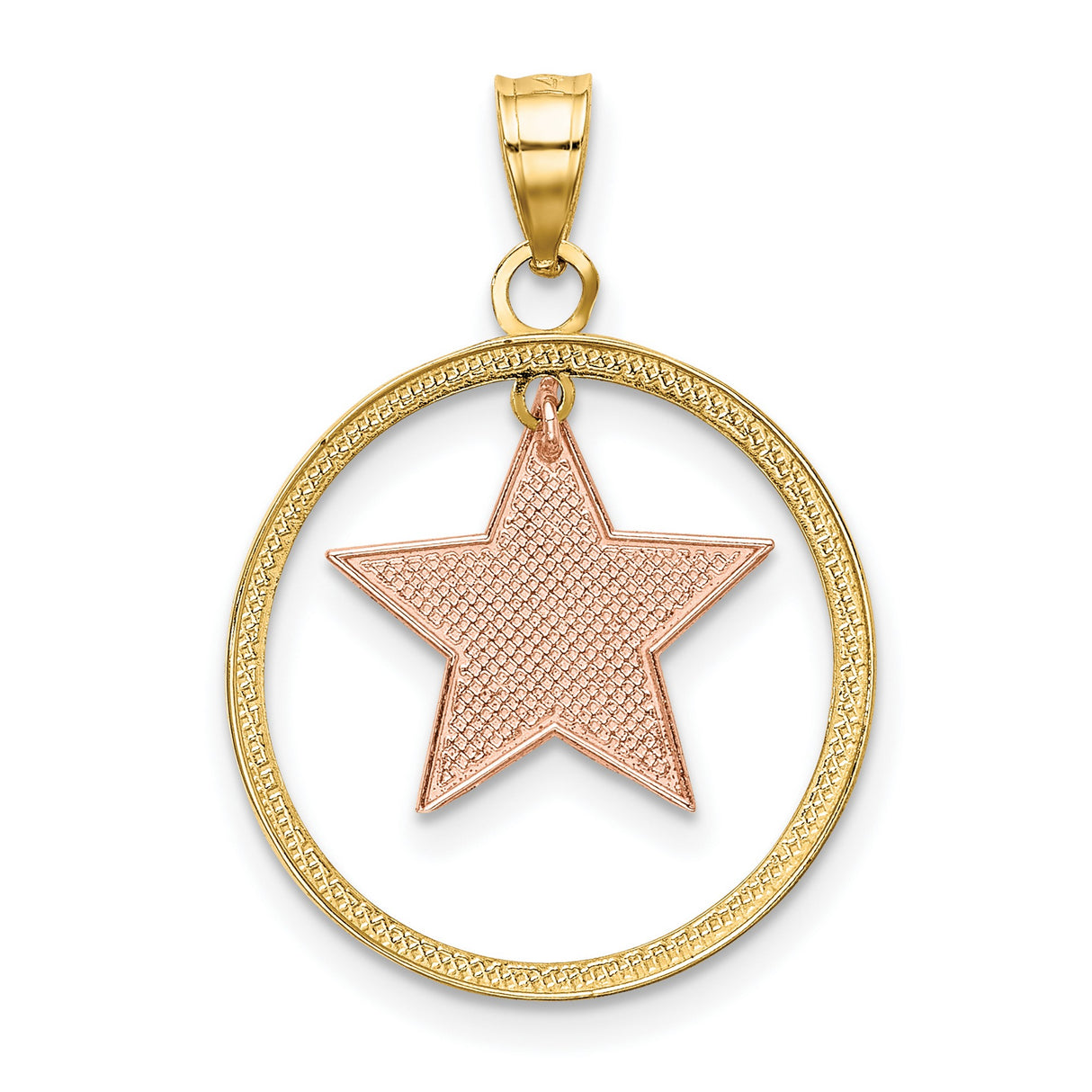14k Two-Tone Gold Star Pendant with Diamond Cut Accents and Textured Rose Gold Star