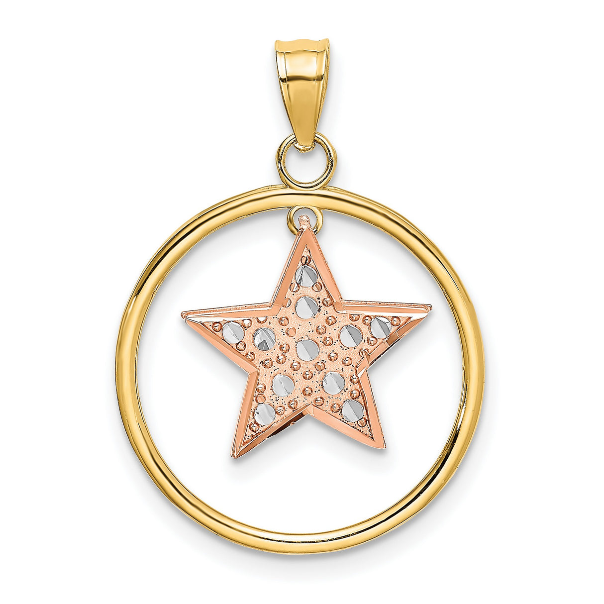 14k Two-Tone Gold Star Pendant with Diamond Cut Accents and Textured Rose Gold Star