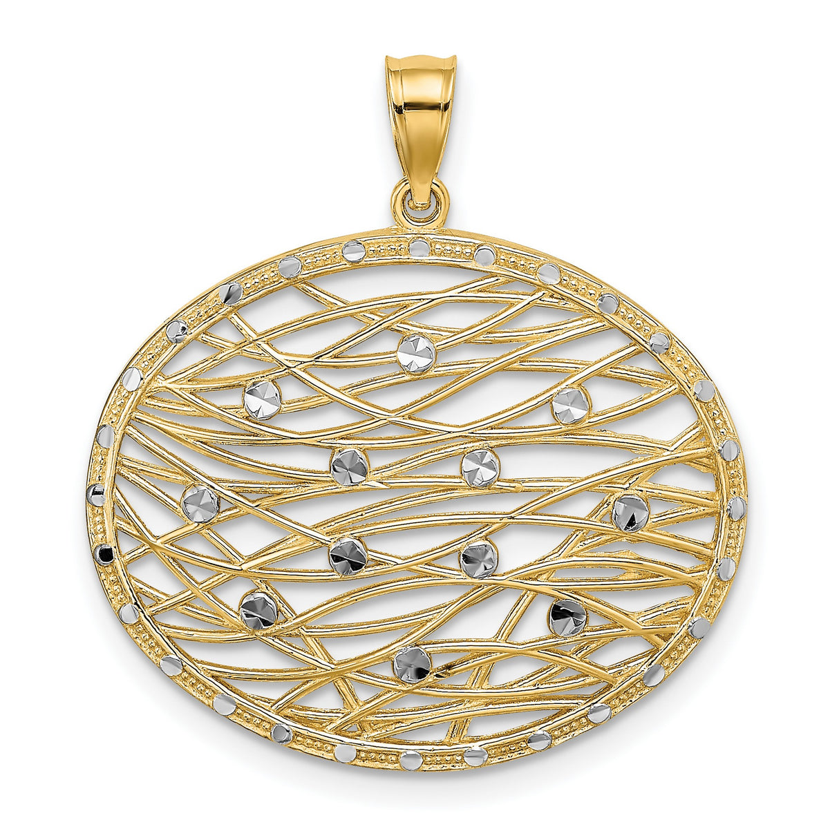 14k Multi-Tone Gold Oval Pendant with Abstract Filigree Web and Diamond-Cut Accents for Women