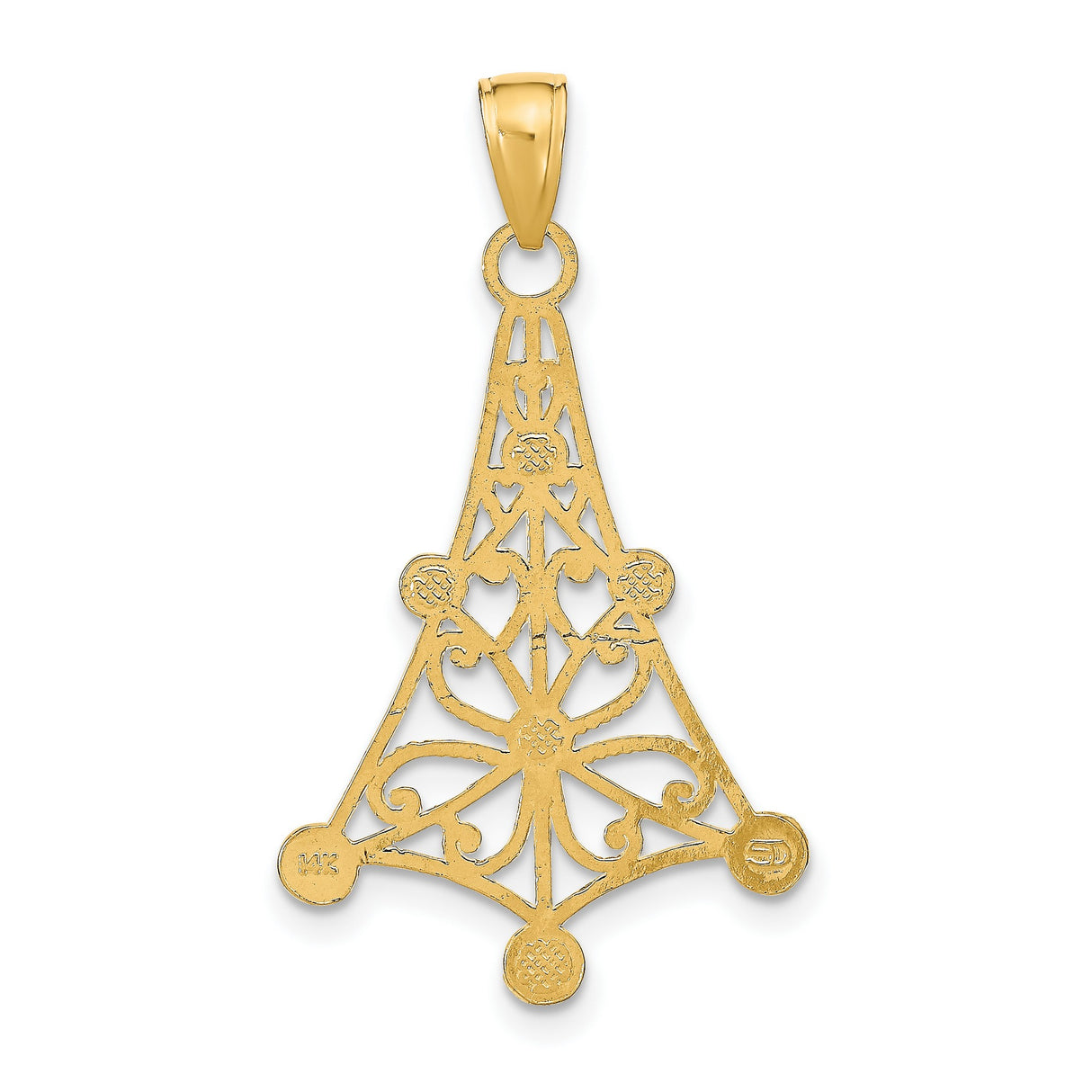 14k Yellow Gold Christmas Tree Pendant with Rhodium Filigree and Diamond Cut Accents