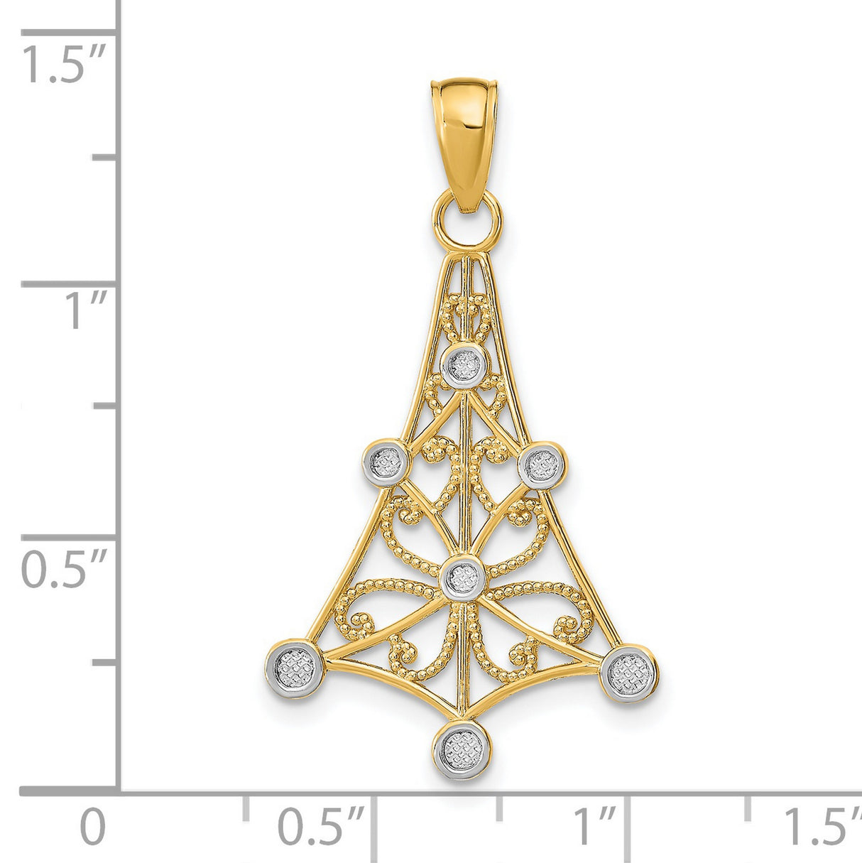 14k Yellow Gold Christmas Tree Pendant with Rhodium Filigree and Diamond Cut Accents