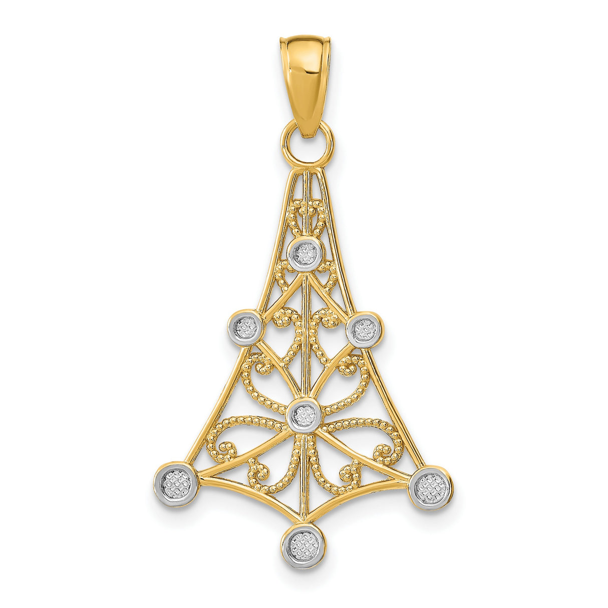 14k Yellow Gold Christmas Tree Pendant with Rhodium Filigree and Diamond Cut Accents