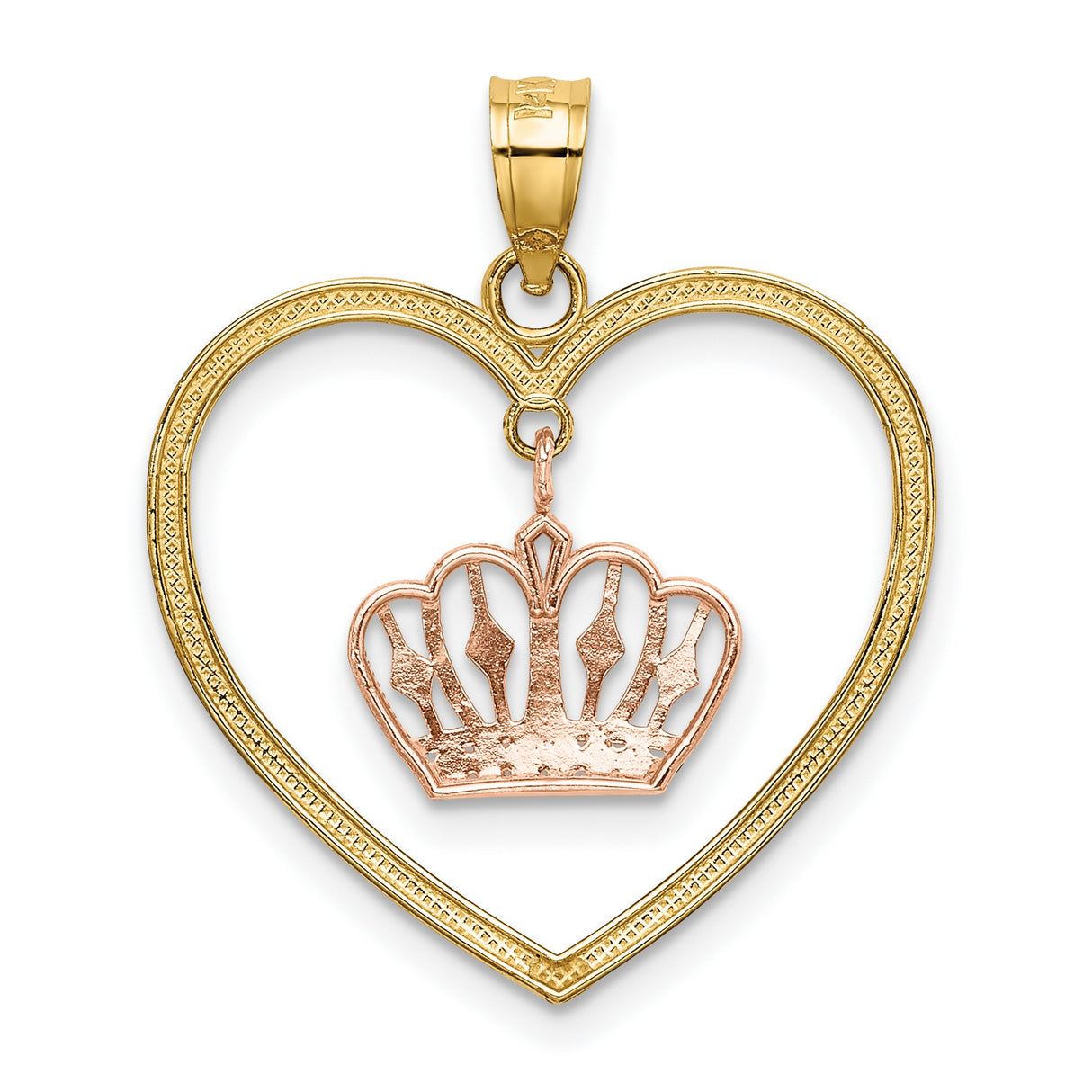 14k Two-Tone Gold Heart and Crown Pendant, Christian Symbolic Charm for Women