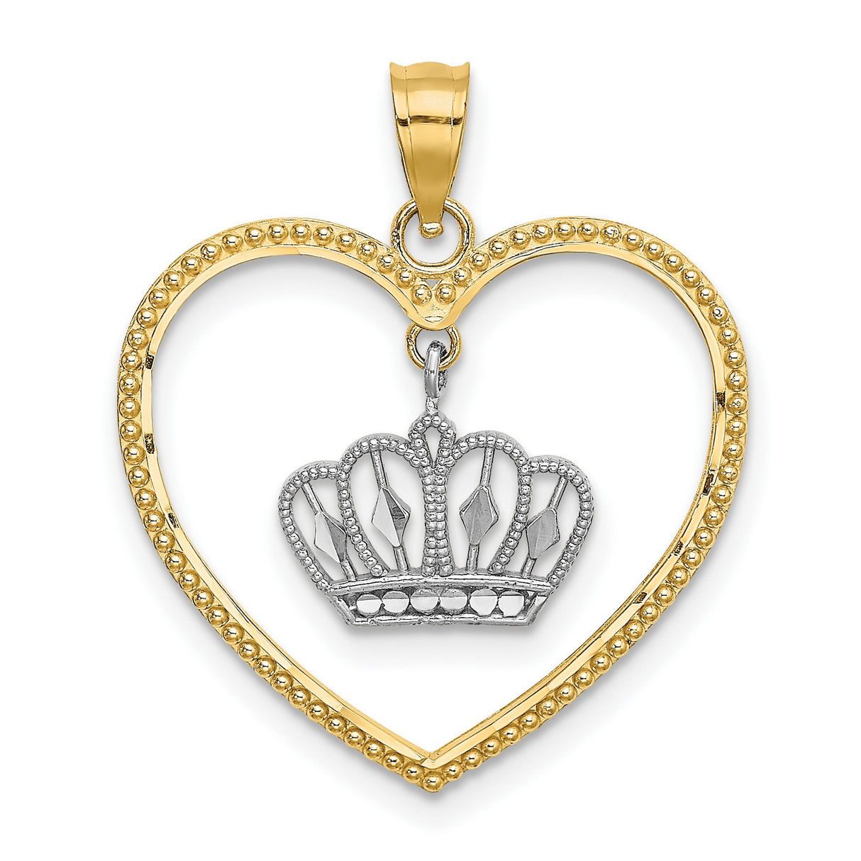 14k Two-Tone Gold Heart and Crown Pendant, Christian Symbolic Charm for Women