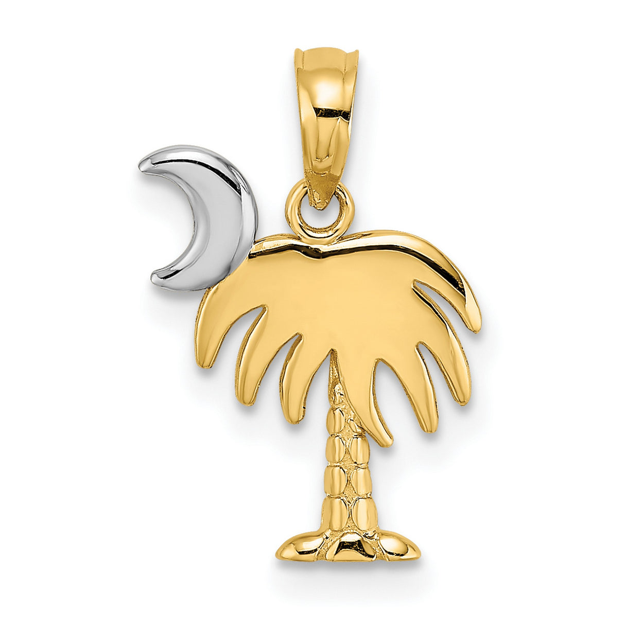 14k Multi-Tone Gold Palm Tree and Moon Pendant with Rhodium Accents, South Carolina Charm