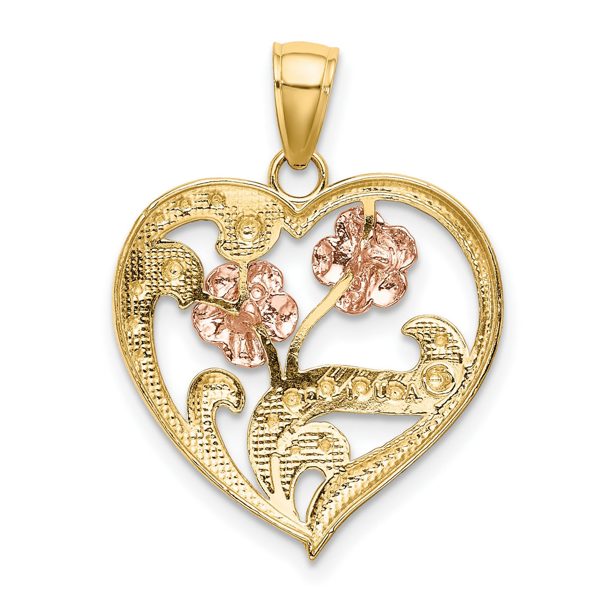 14k Two-Tone Gold Heart Pendant with Rose Gold Floral Accents and Filigree Detailing
