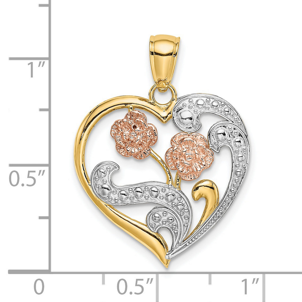 14k Two-Tone Gold Heart Pendant with Rose Gold Floral Accents and Filigree Detailing