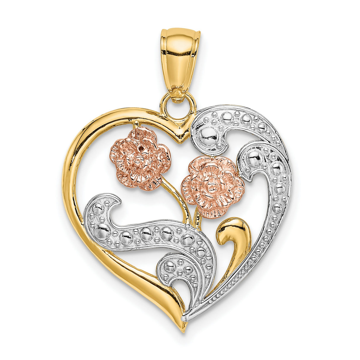 14k Two-Tone Gold Heart Pendant with Rose Gold Floral Accents and Filigree Detailing