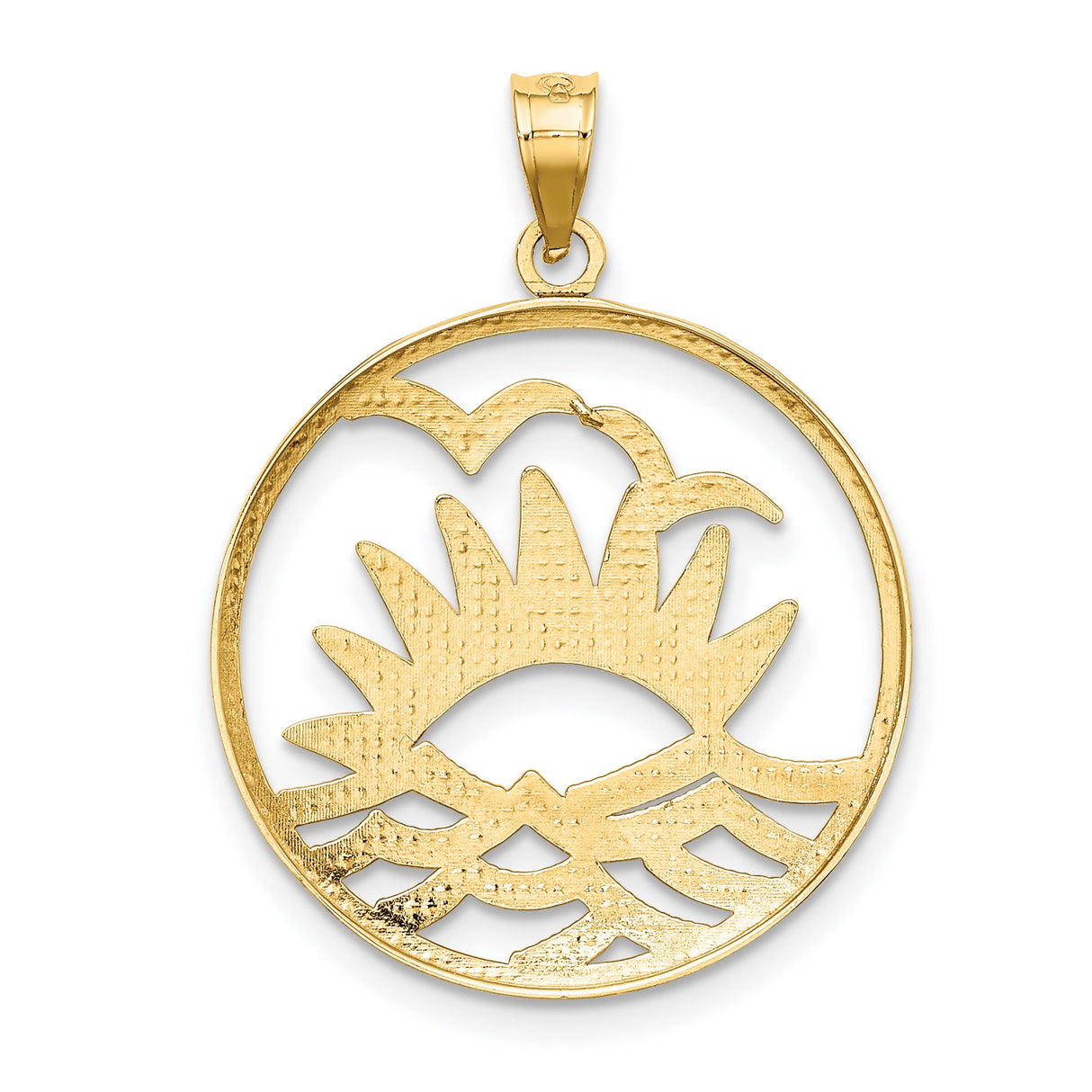 14k Two-Tone Gold Pendant with Rising Sun, Ocean Waves, and Flying Bird Motif