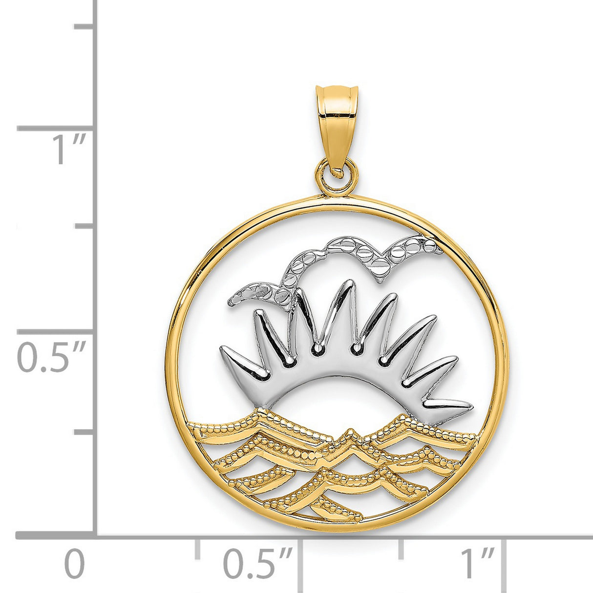 14k Two-Tone Gold Pendant with Rising Sun, Ocean Waves, and Flying Bird Motif