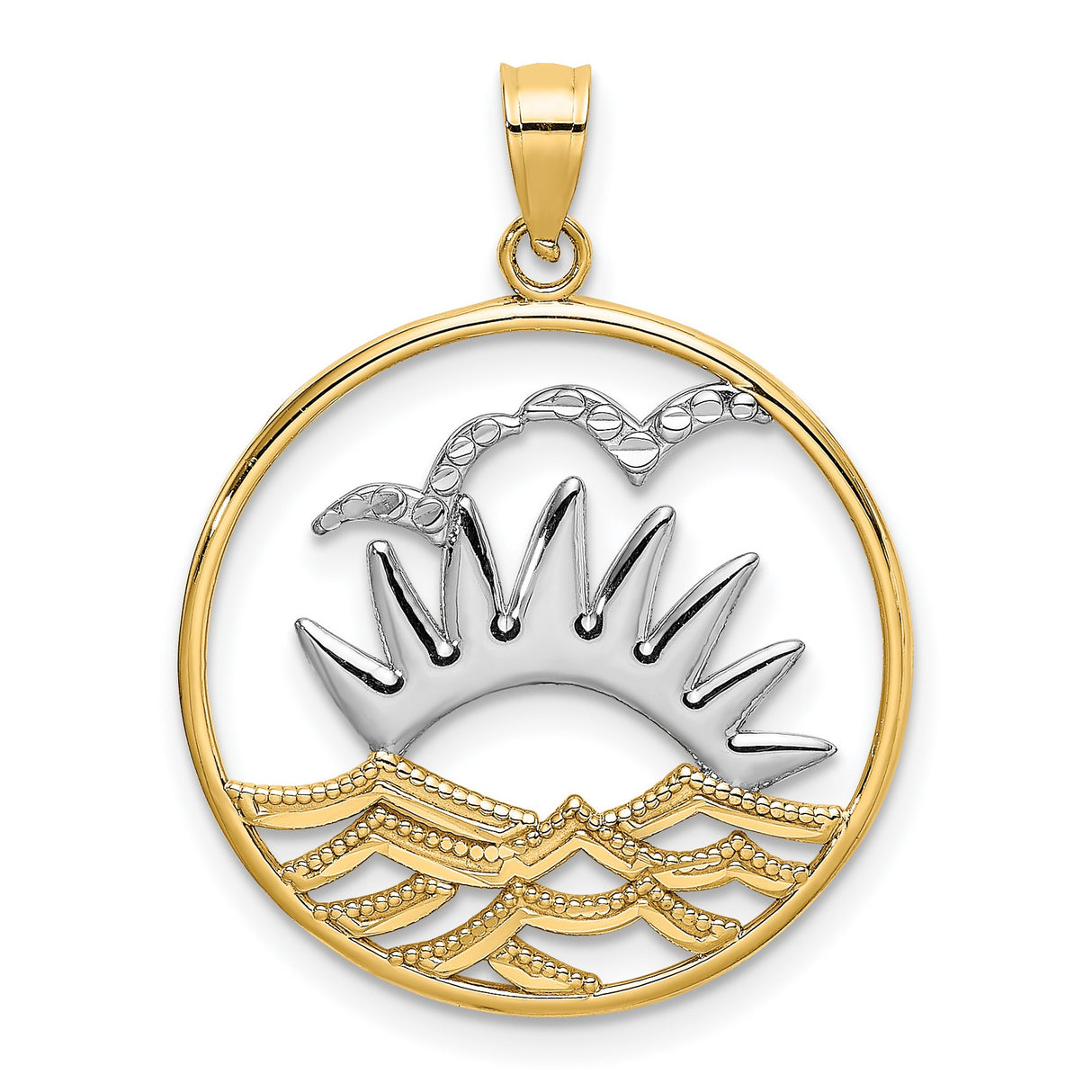 14k Two-Tone Gold Pendant with Rising Sun, Ocean Waves, and Flying Bird Motif