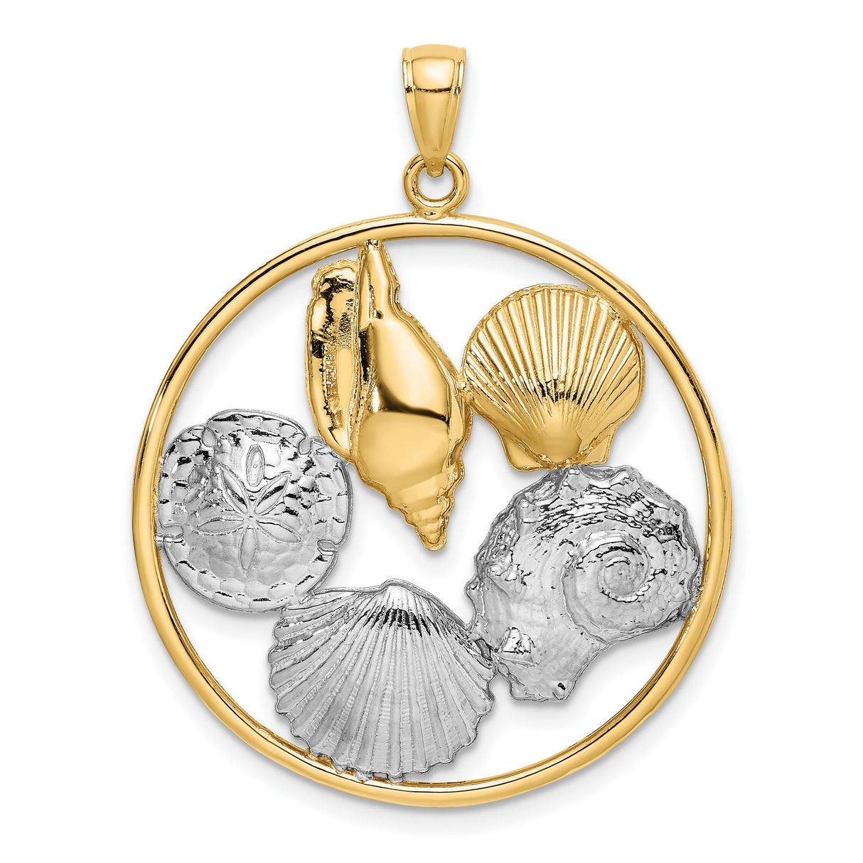 14k Multi-Tone Gold Pendant with Sand Dollar and Seashell Design, Ocean-Inspired Nautical Theme