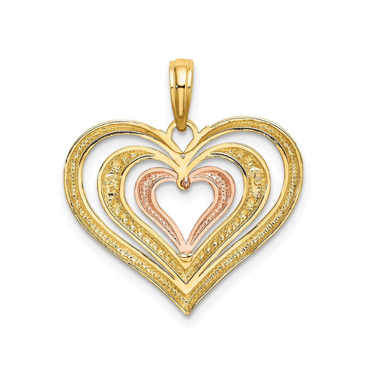 14k Two-Tone Gold Heart Pendant with Layered Open Heart Design in Yellow, White, and Rose Gold