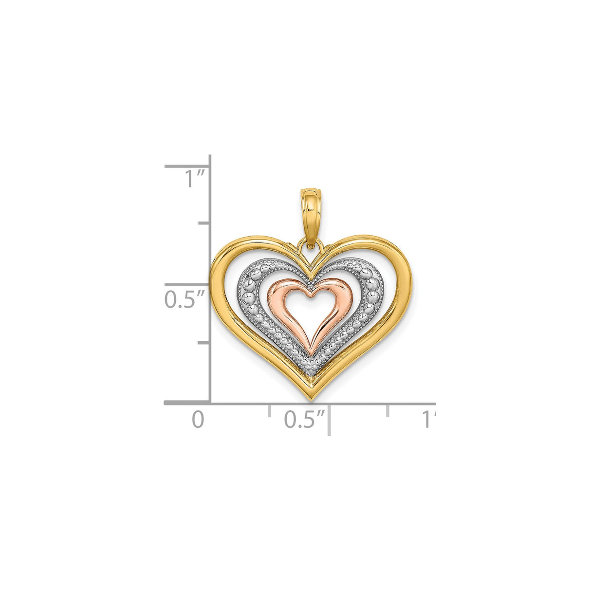 14k Two-Tone Gold Heart Pendant with Layered Open Heart Design in Yellow, White, and Rose Gold