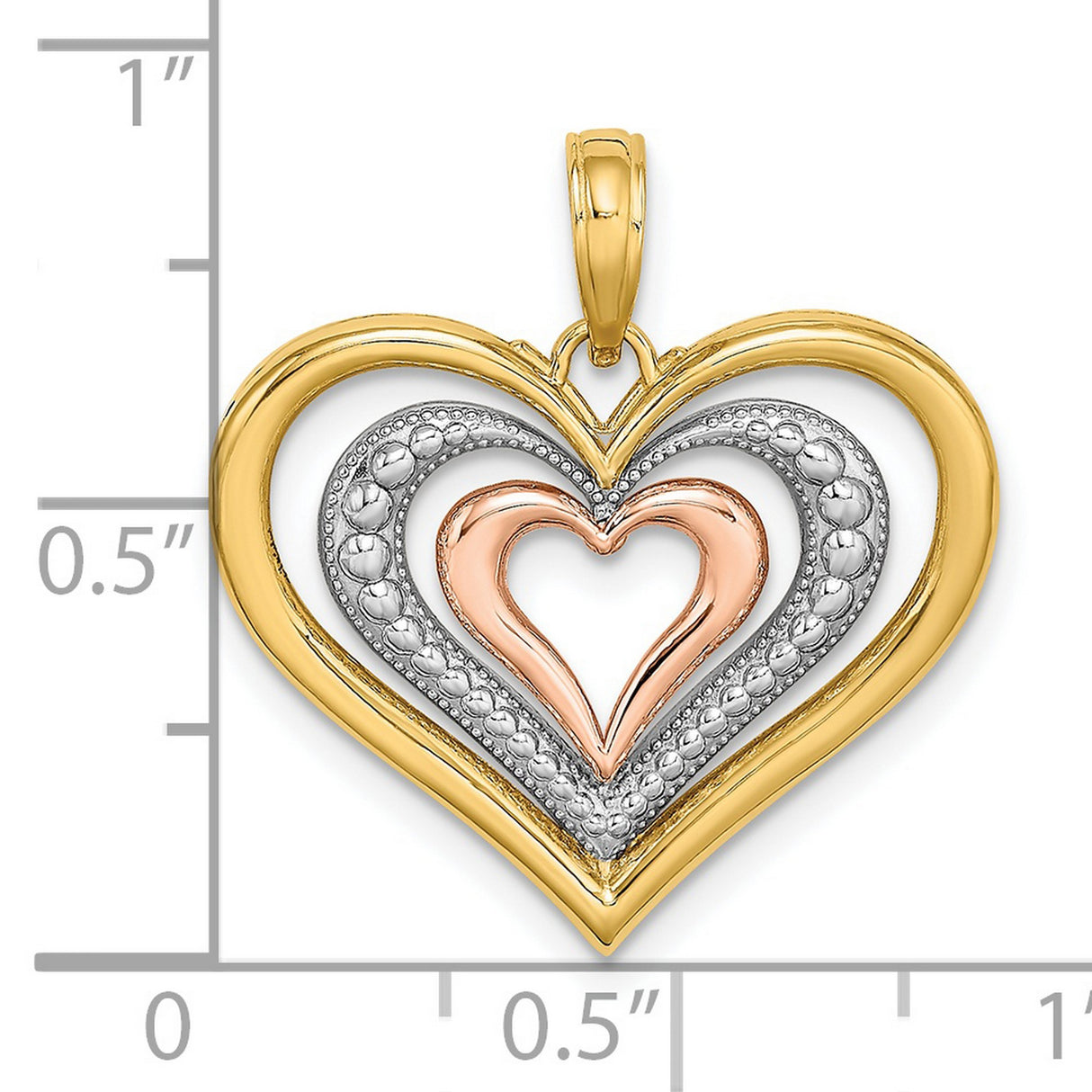 14k Multi-Tone Gold Heart Pendant with Layered Yellow, White, and Rose Gold Hearts