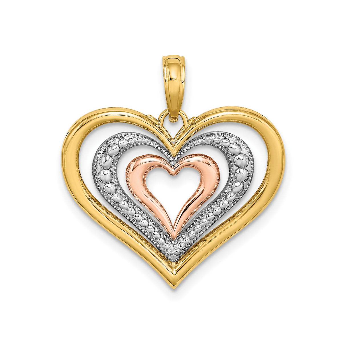 14k Two-Tone Gold Heart Pendant with Layered Open Heart Design in Yellow, White, and Rose Gold
