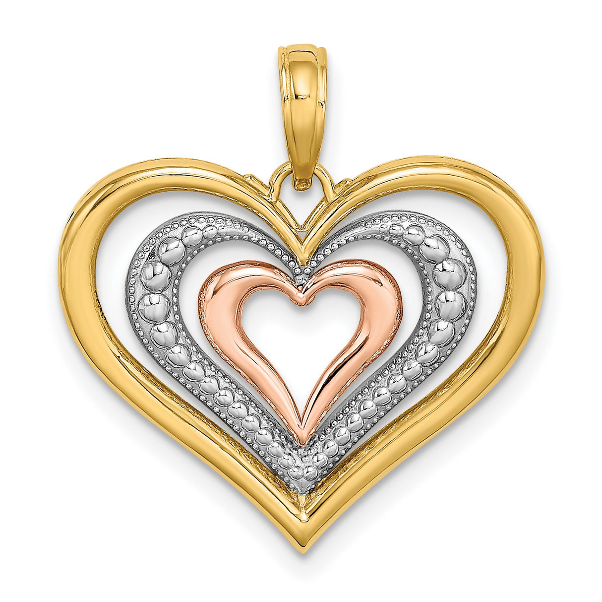 14k Multi-Tone Gold Heart Pendant with Layered Yellow, White, and Rose Gold Hearts