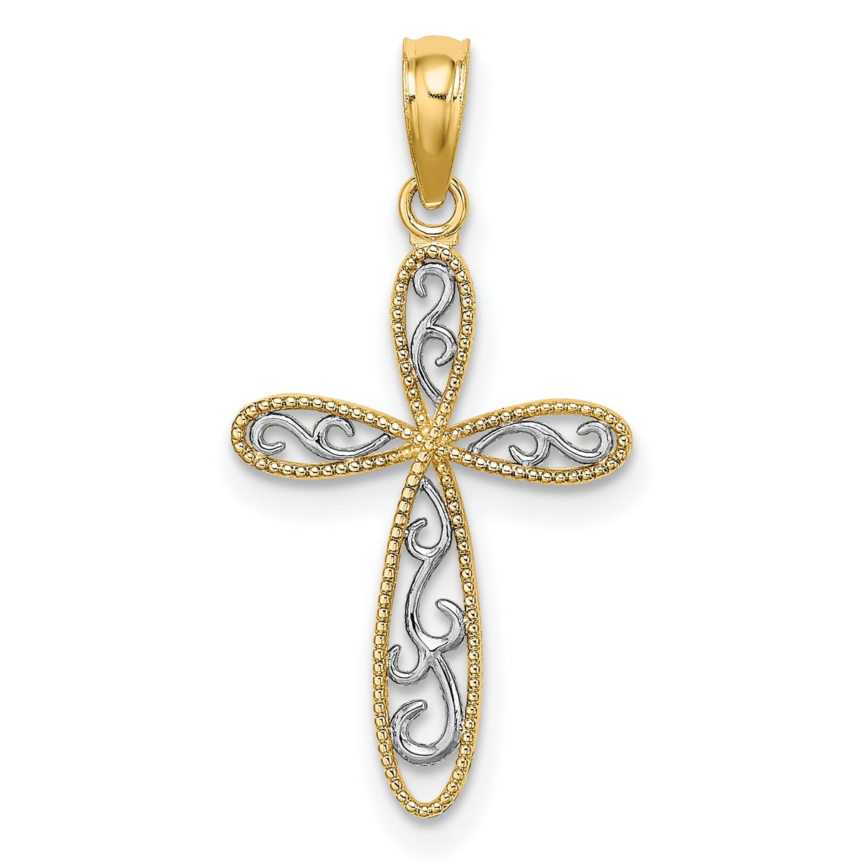 14k Yellow and White Gold Filigree Milgrain Cross Pendant, Dual Tone Vintage Design