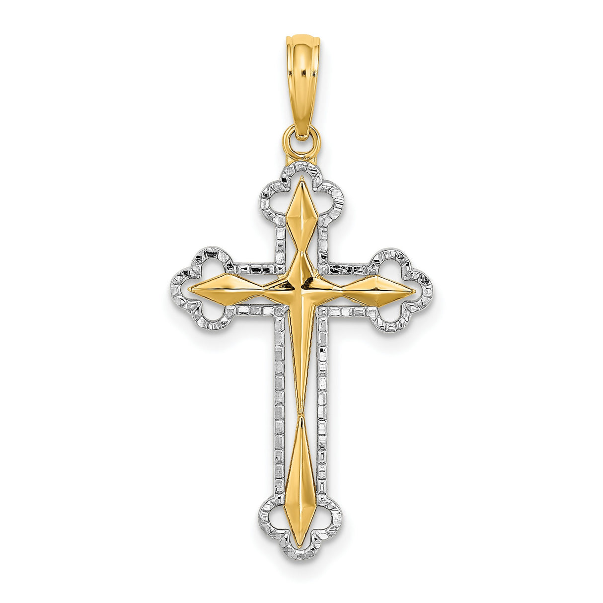 14k Yellow and White Gold Cross Pendant, Two-Tone Beaded Design, High Polish Finish