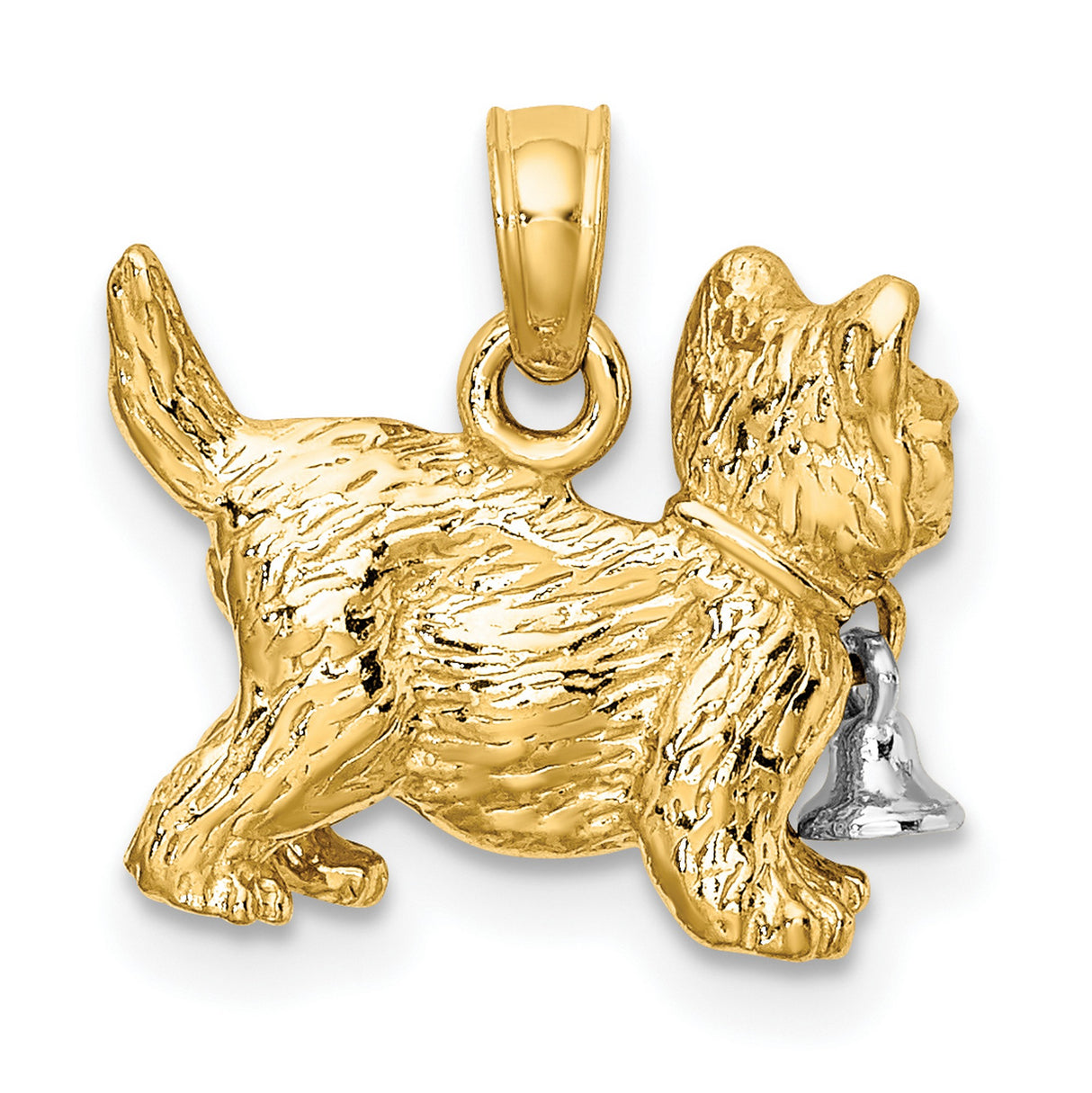 14k Two Tone Gold Cat Pendant with White Gold Bell, Textured Feline Design