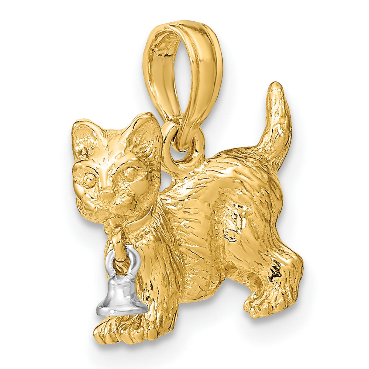 14k Two Tone Gold Cat Pendant with White Gold Bell, Textured Feline Design