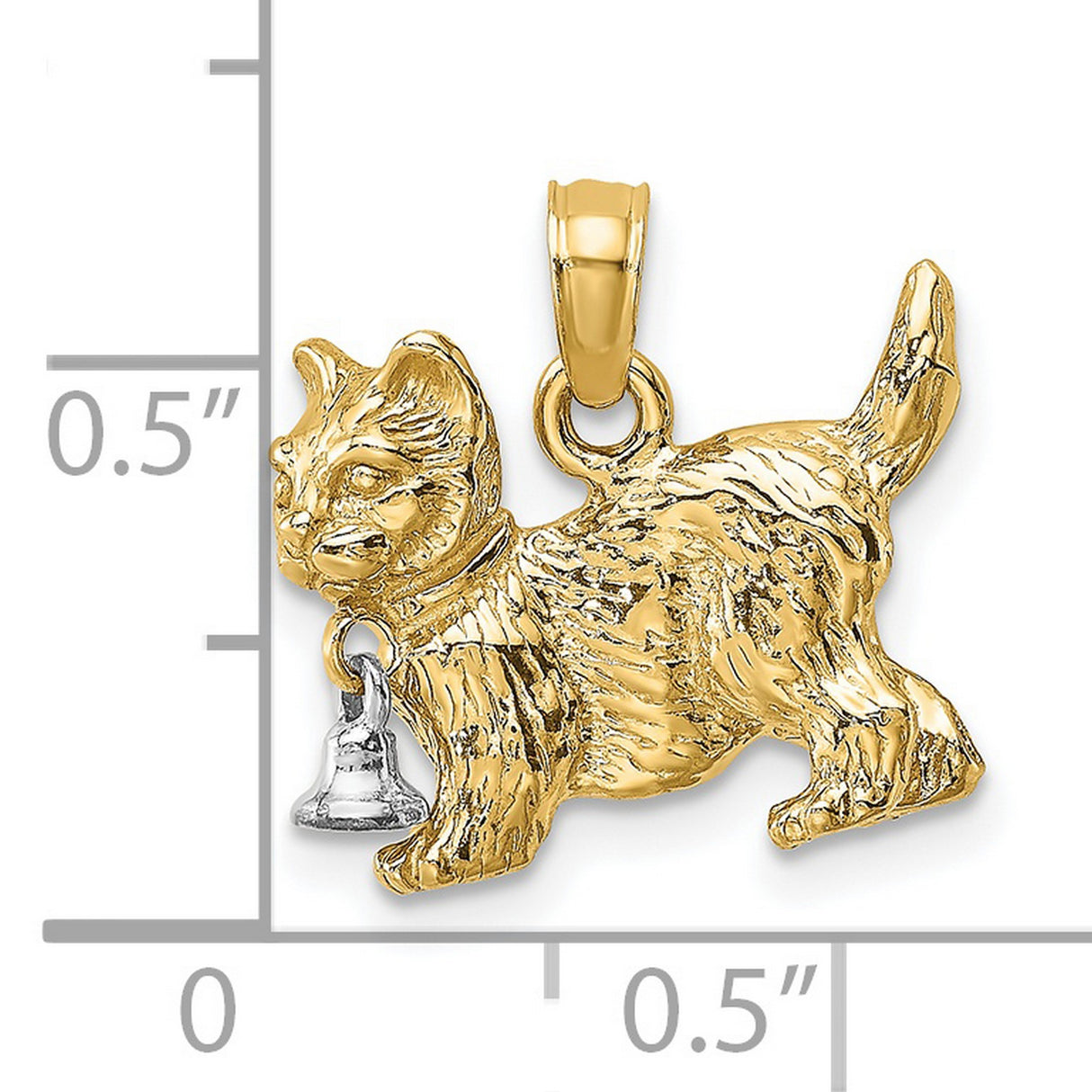 14k Two Tone Gold Cat Pendant with White Gold Bell, Textured Feline Design