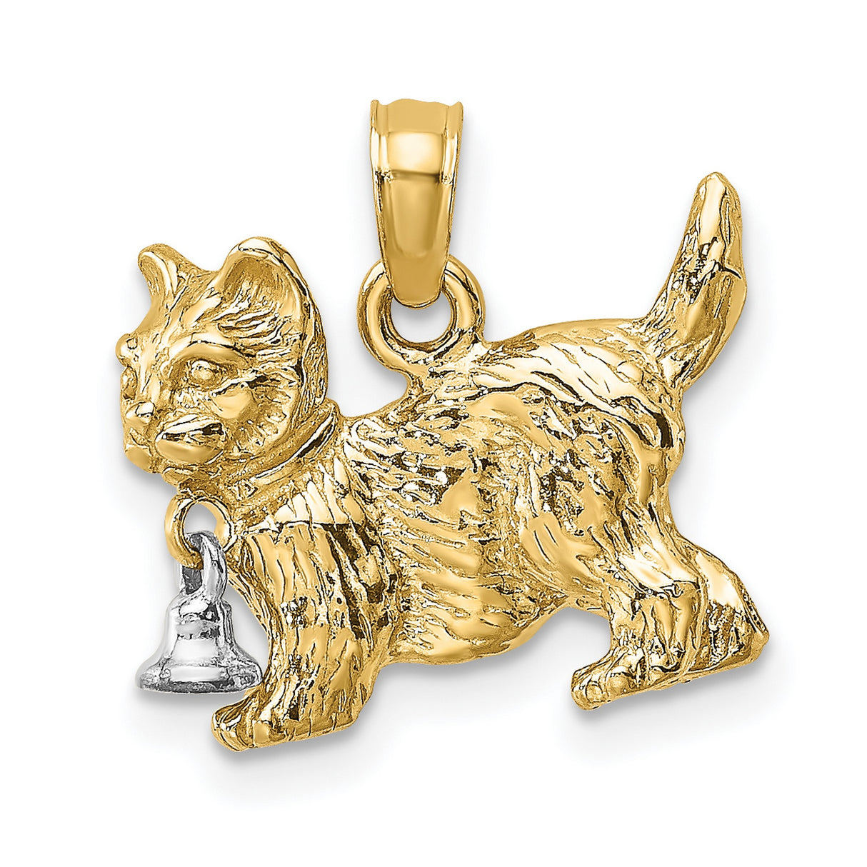 14k Two Tone Gold Cat Pendant with White Gold Bell, Textured Feline Design