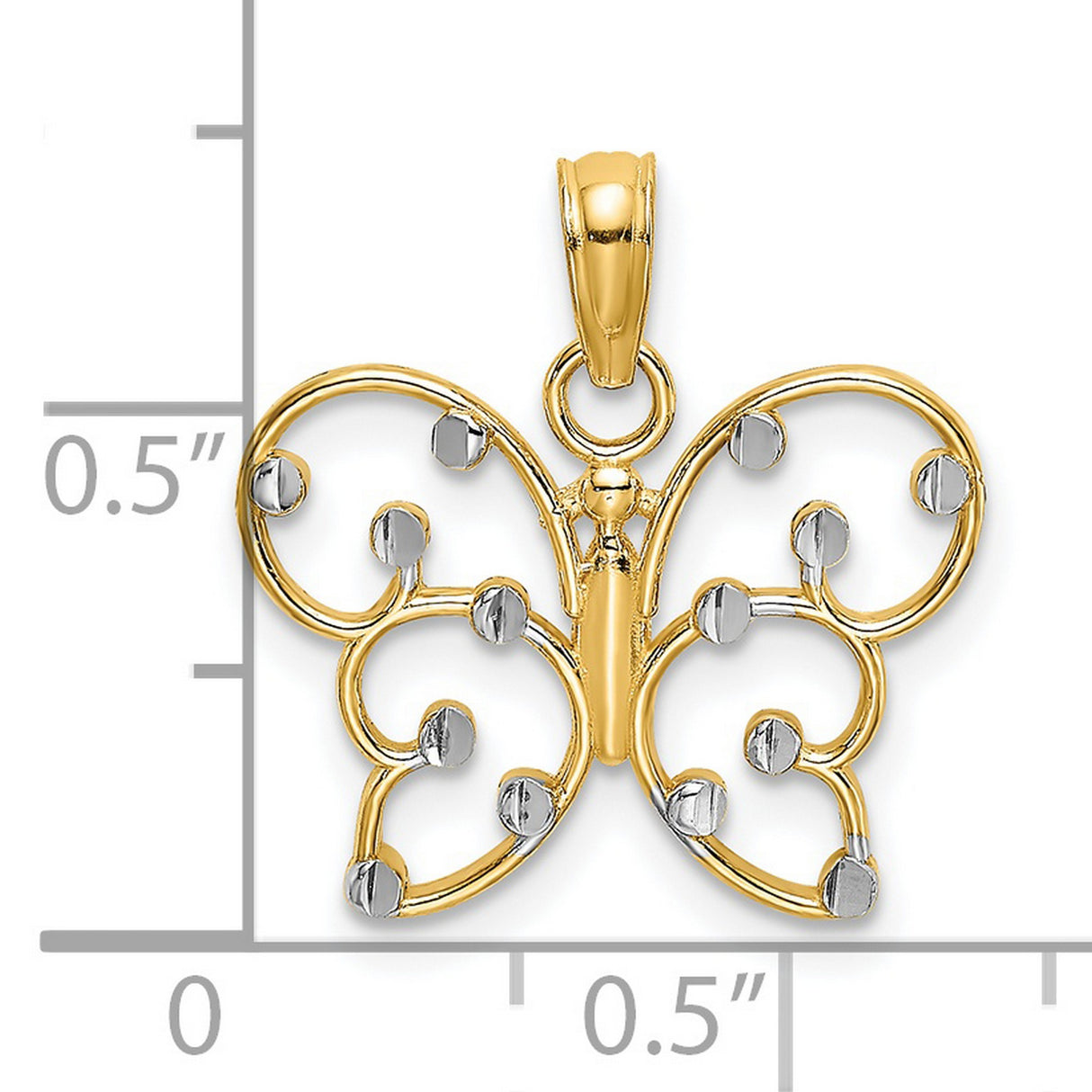 14k Multi-Tone Gold Butterfly Pendant, Open Filigree Design with Polished Accents
