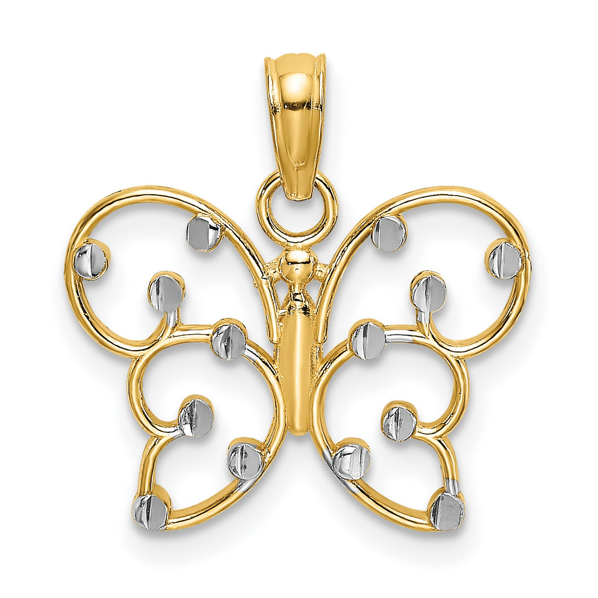 14k Multi-Tone Gold Butterfly Pendant, Open Filigree Design with Polished Accents