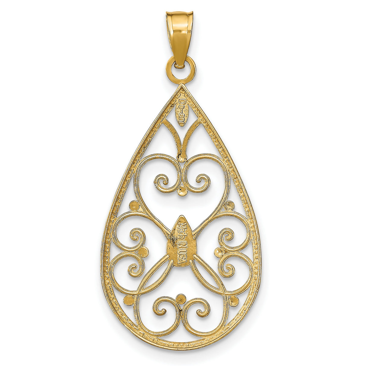 14k Multi-Tone Gold Teardrop Pendant with Openwork Filigree and Floral Motif for Women
