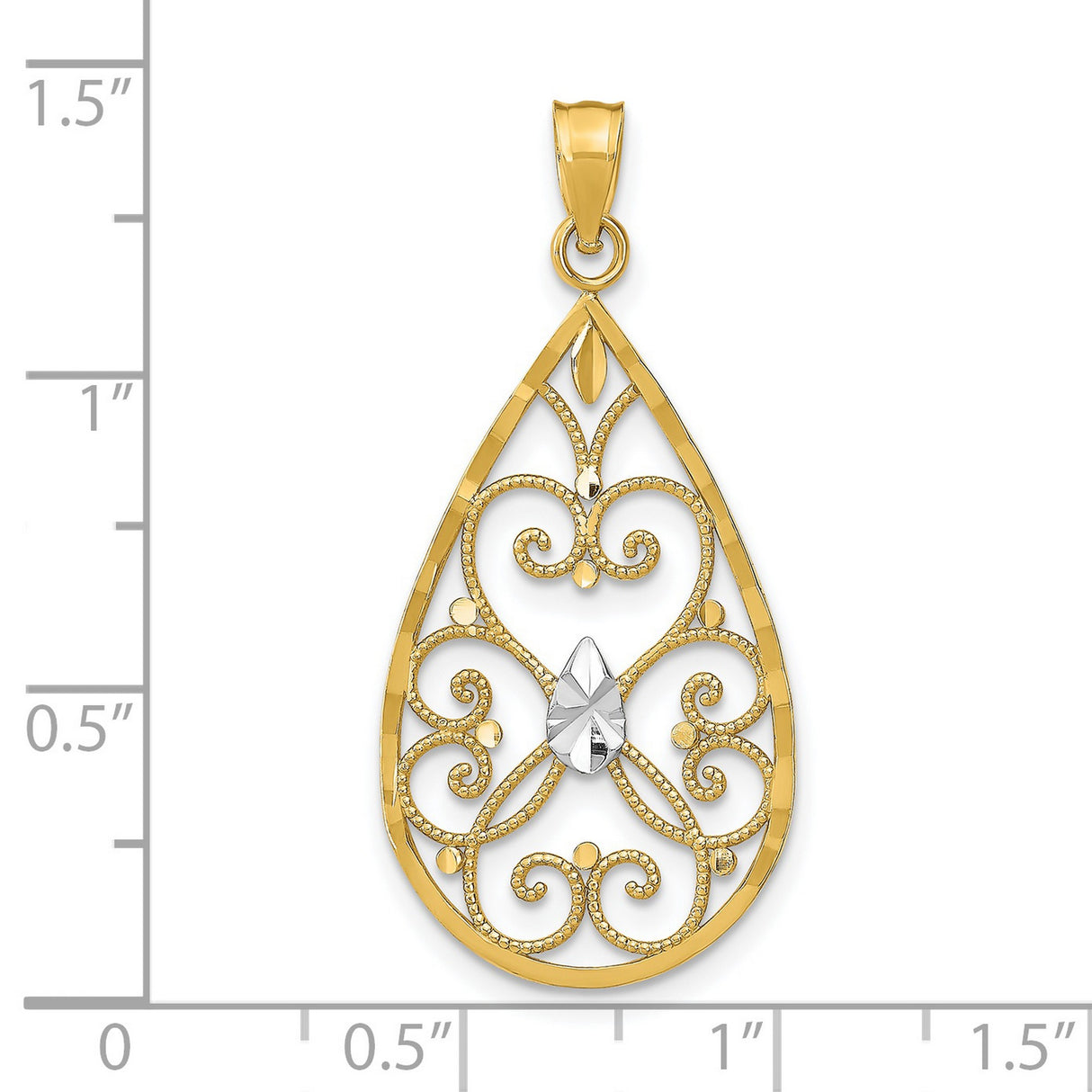 14k Multi-Tone Gold Teardrop Pendant with Openwork Filigree and Floral Motif for Women
