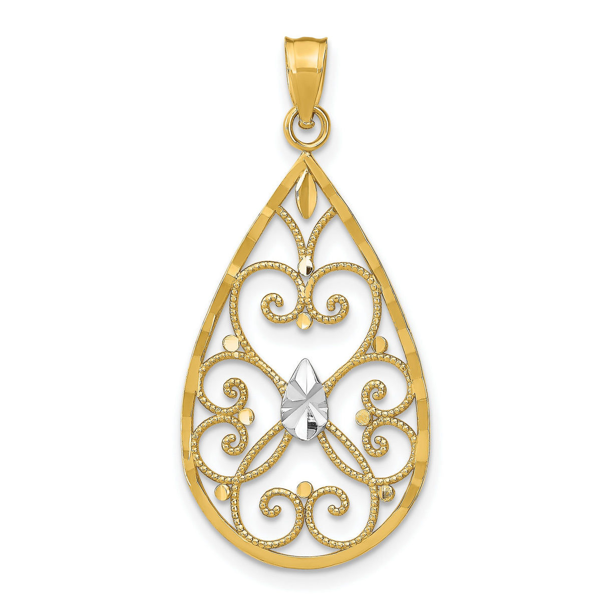 14k Multi-Tone Gold Teardrop Pendant with Openwork Filigree and Floral Motif for Women