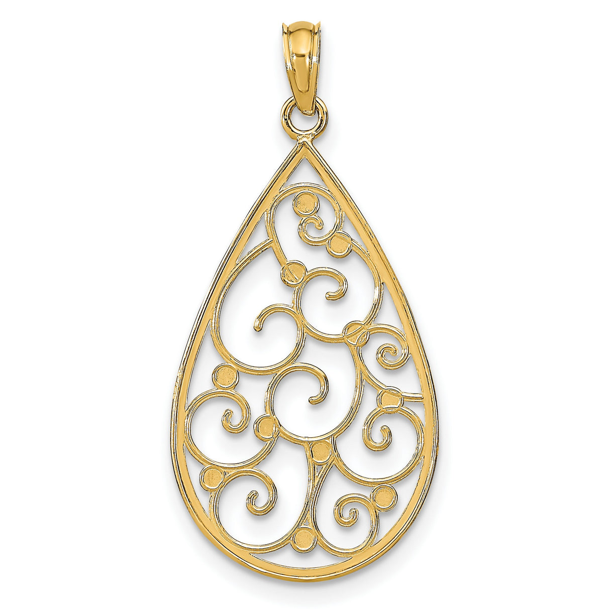 14k Multi-Tone Gold Teardrop Pendant with Rhodium Accents and Scroll Filigree Design