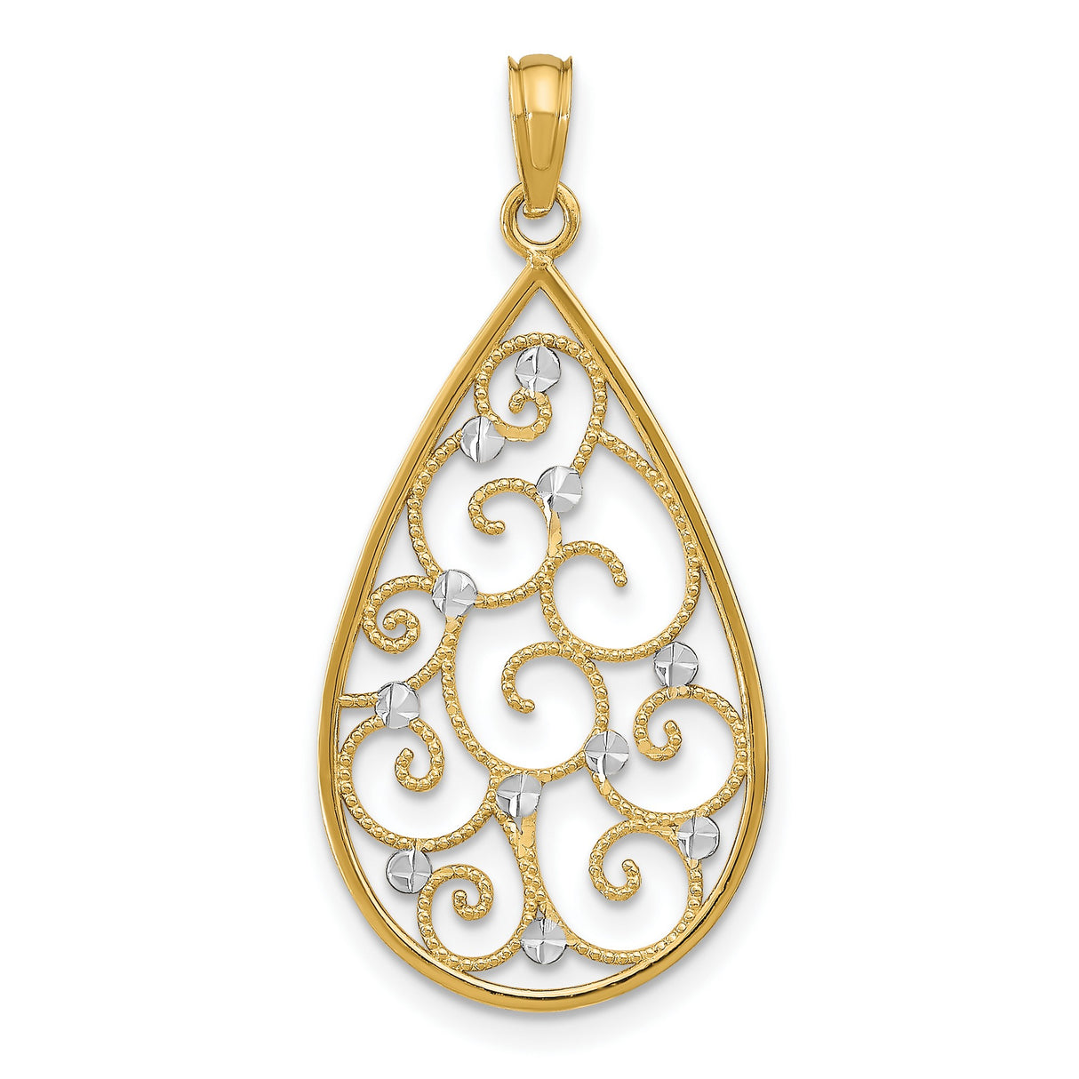 14k Multi-Tone Gold Teardrop Pendant with Rhodium Accents and Scroll Filigree Design