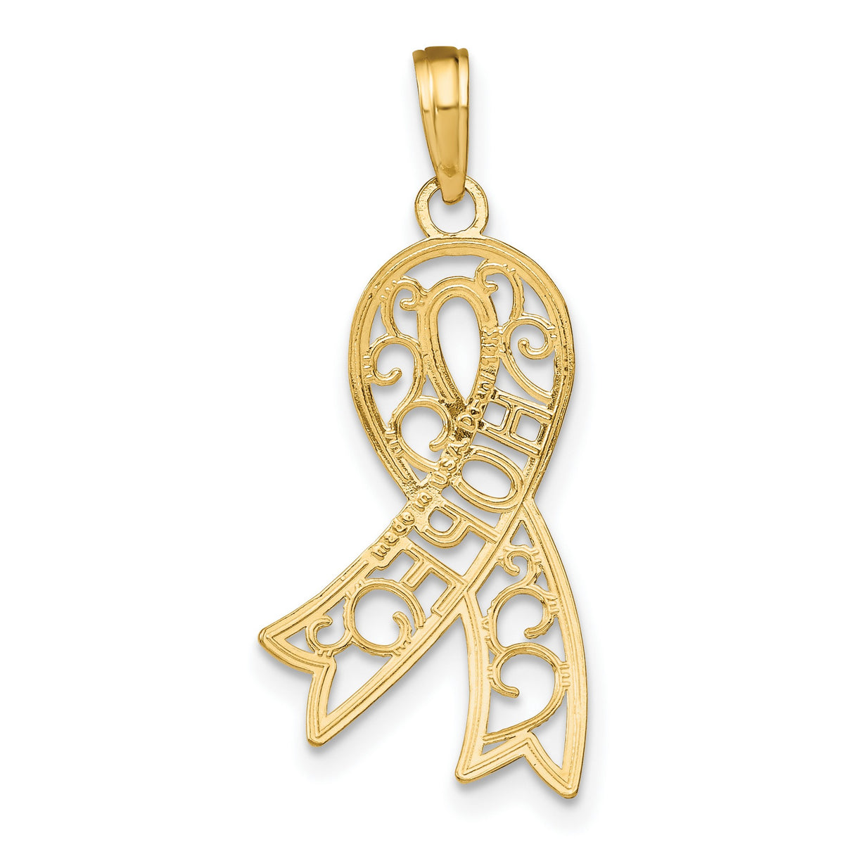 14k Two-Tone Gold Ribbon Pendant with HOPE Cutout, Filigree Awareness Design for Women