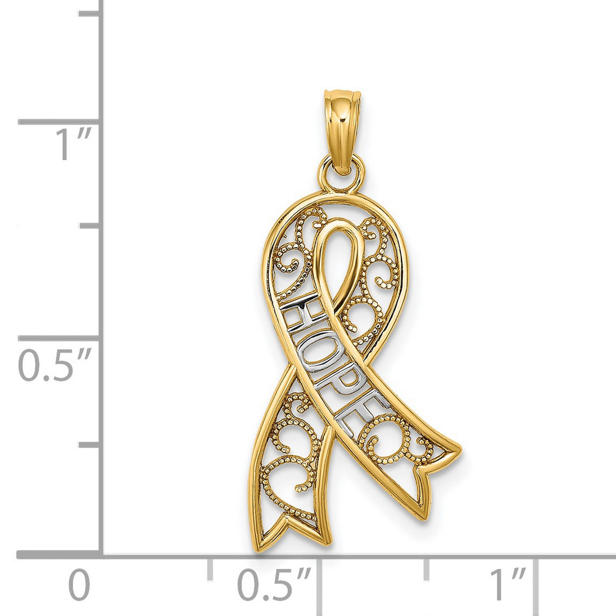 14k Two-Tone Gold Ribbon Pendant with HOPE Cutout, Filigree Awareness Design for Women