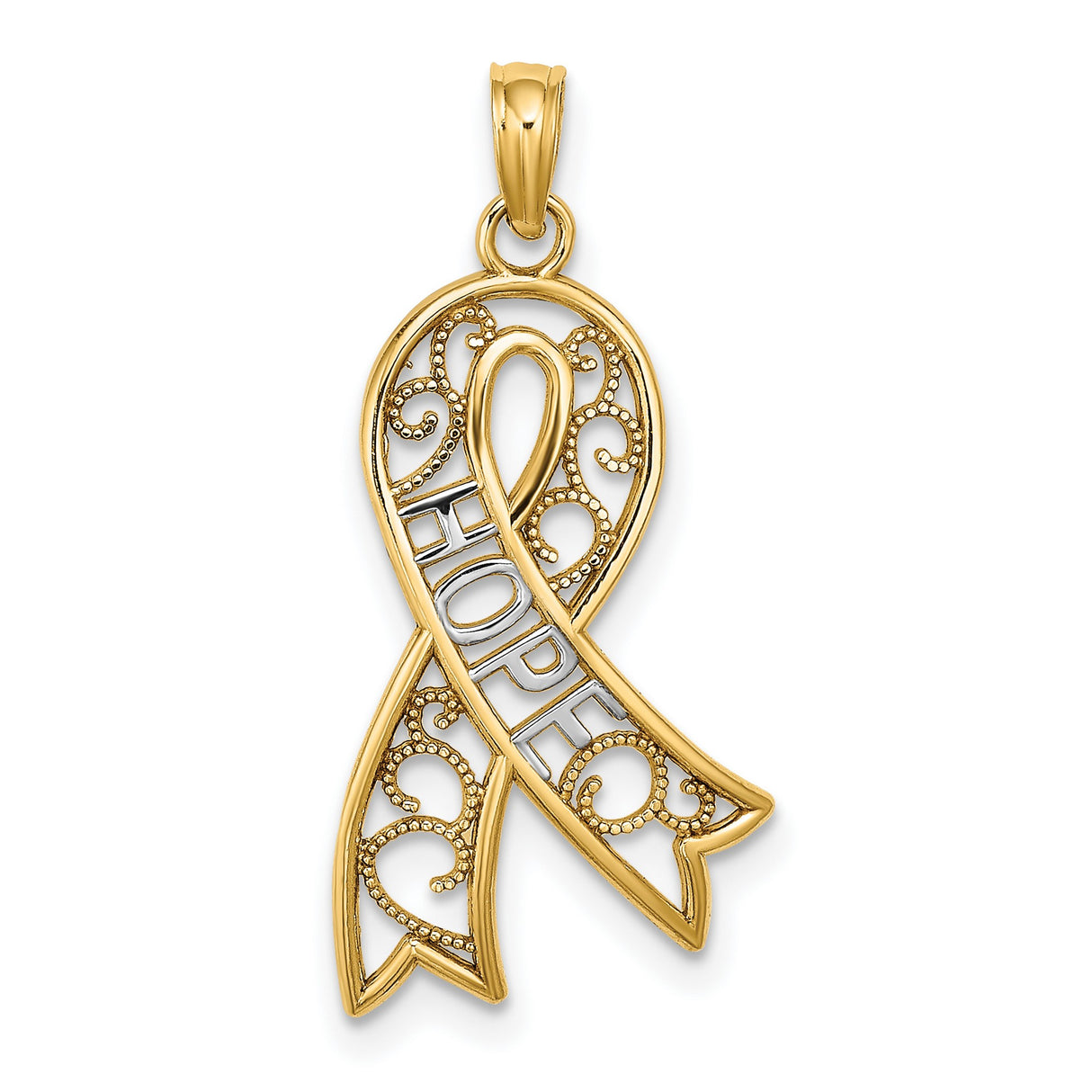 14k Two-Tone Gold Ribbon Pendant with HOPE Cutout, Filigree Awareness Design for Women