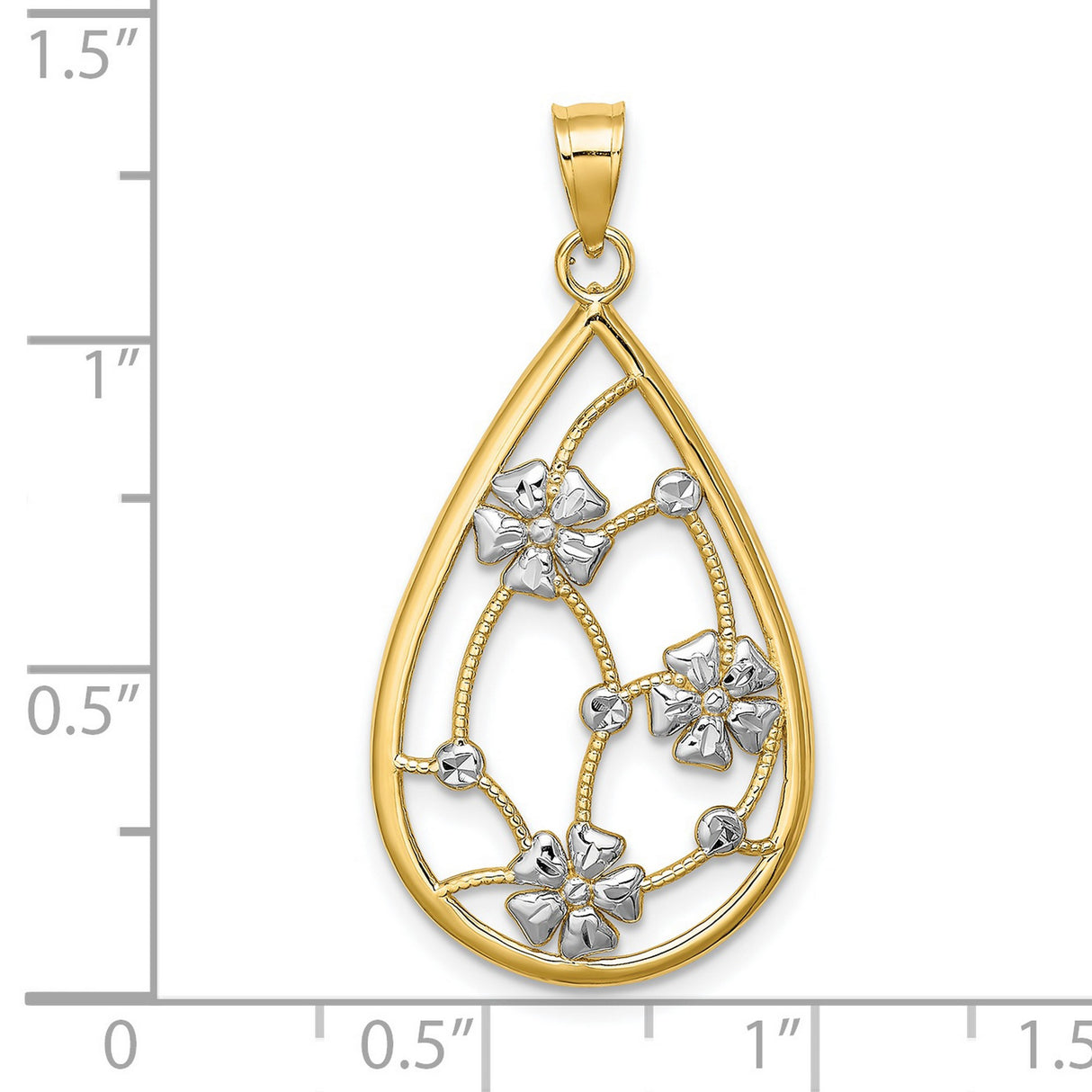 14k Two-Tone Gold Teardrop Pendant with Floral Openwork and Rhodium Accents for Women