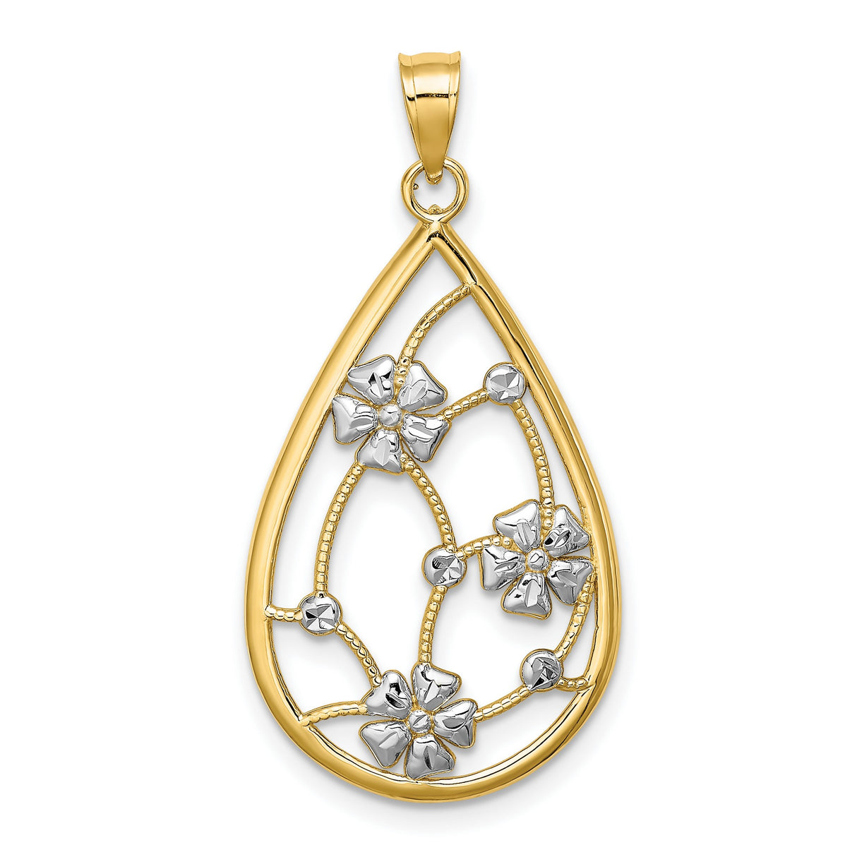 14k Two-Tone Gold Teardrop Pendant with Floral Openwork and Rhodium Accents for Women