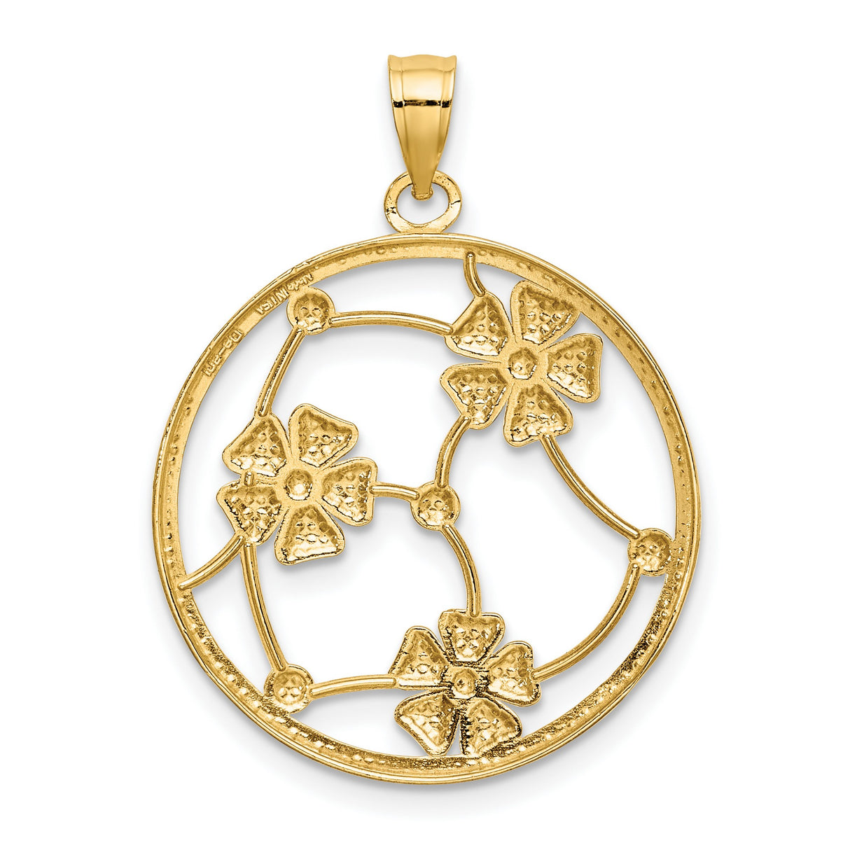 14k Multi-Tone Gold Openwork Floral Pendant with Beaded Frame and Silver Tone Flower Accents