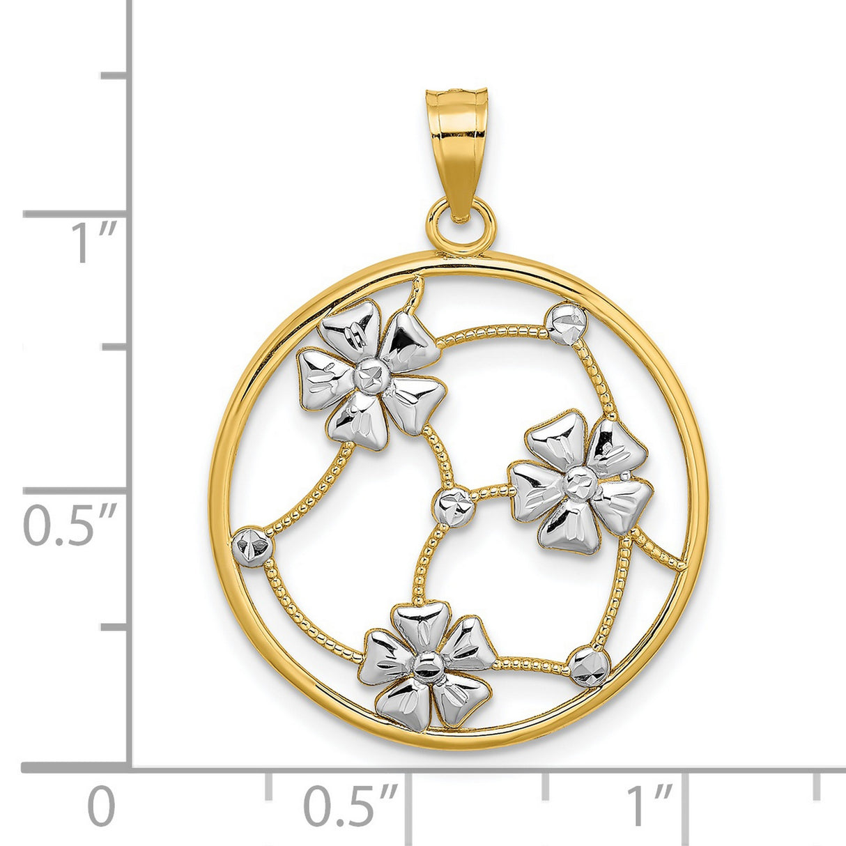 14k Multi-Tone Gold Openwork Floral Pendant with Beaded Frame and Silver Tone Flower Accents