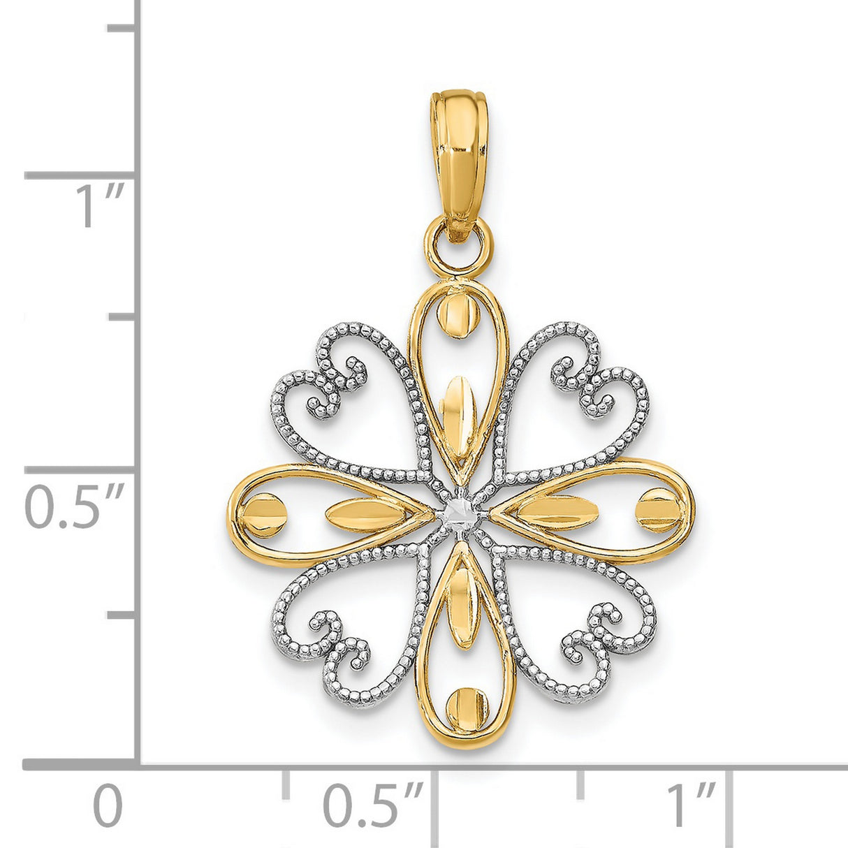 14k Multi-Tone Gold Filigree Flower Pendant with Openwork Heart and Teardrop Motif