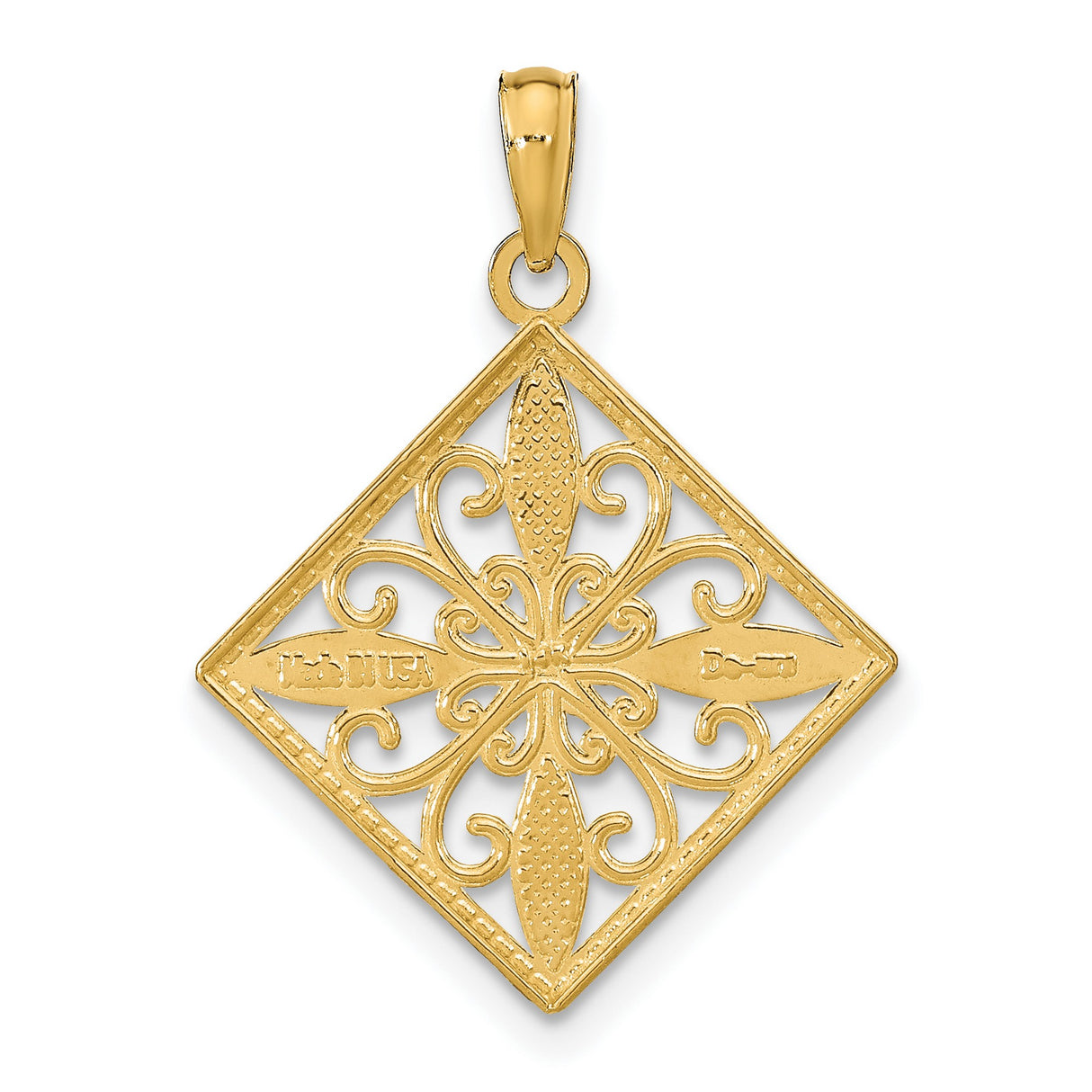 14k Multi-Tone Gold Diamond-Shaped Filigree Pendant with Rhodium Accent and Floral Scrollwork