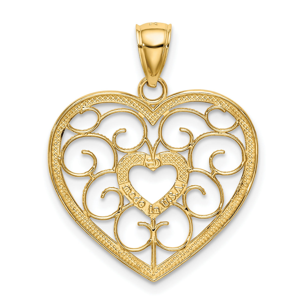 14k Two-Tone Gold Heart Pendant with Rhodium Accent and Scroll Filigree Design for Women
